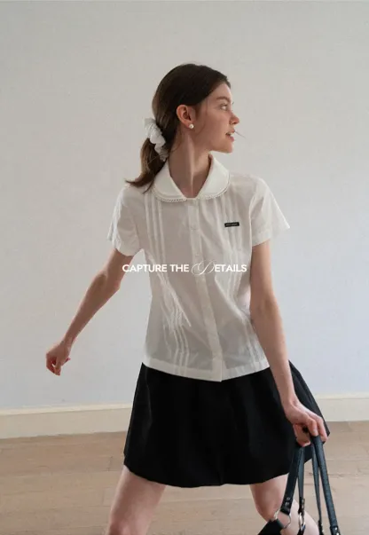 Pleated Collar Short Sleeve Shirt