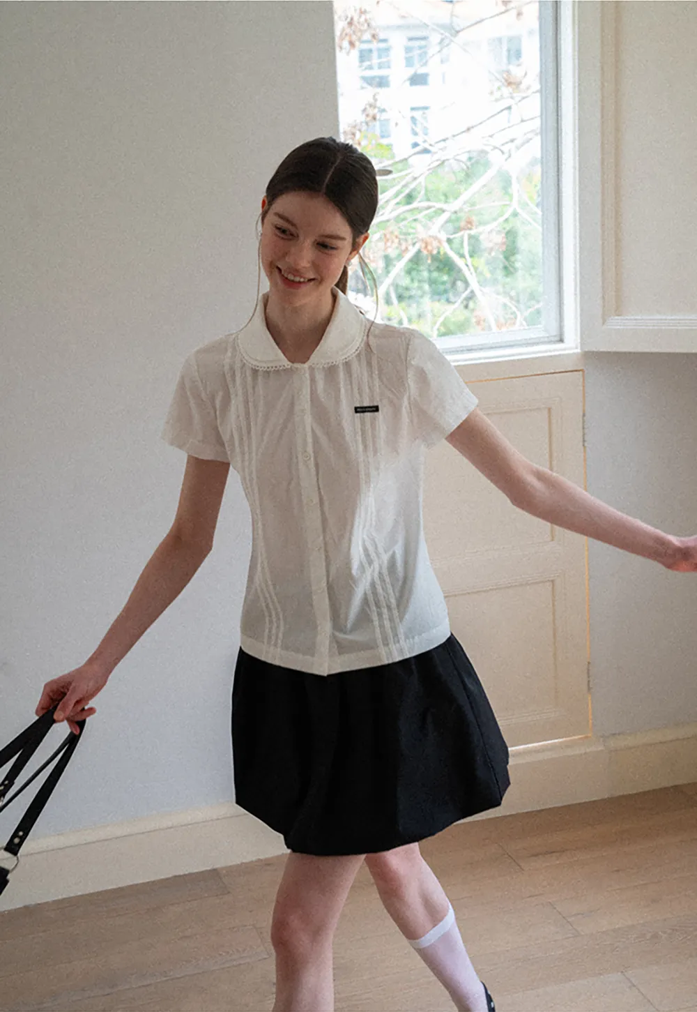 Pleated Collar Short Sleeve Shirt