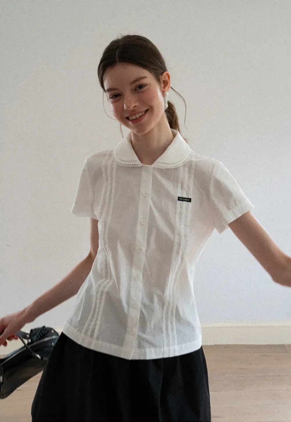 Pleated Collar Short Sleeve Shirt