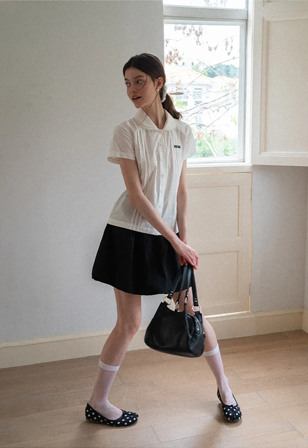 Pleated Collar Short Sleeve Shirt