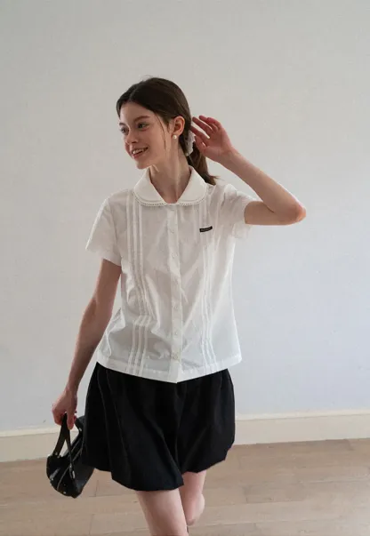 Pleated Collar Short Sleeve Shirt