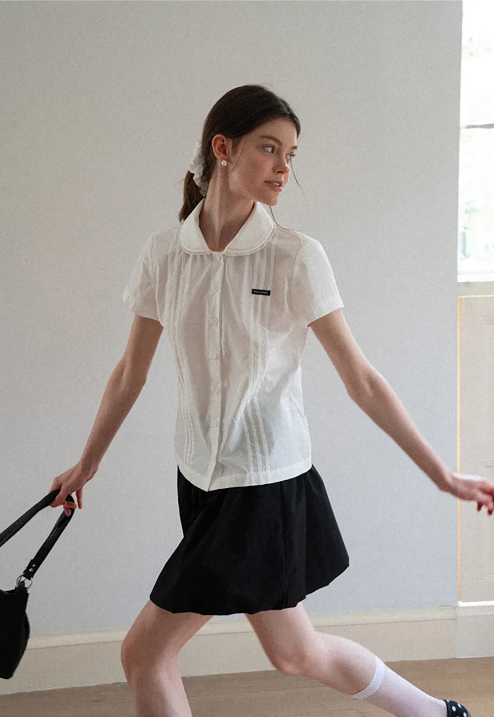 Pleated Collar Short Sleeve Shirt