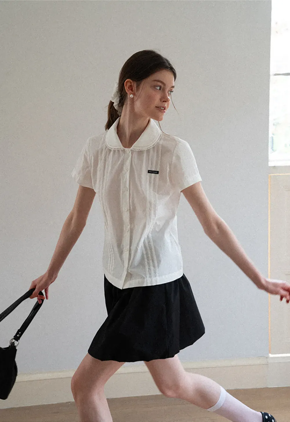 Pleated Collar Short Sleeve Shirt