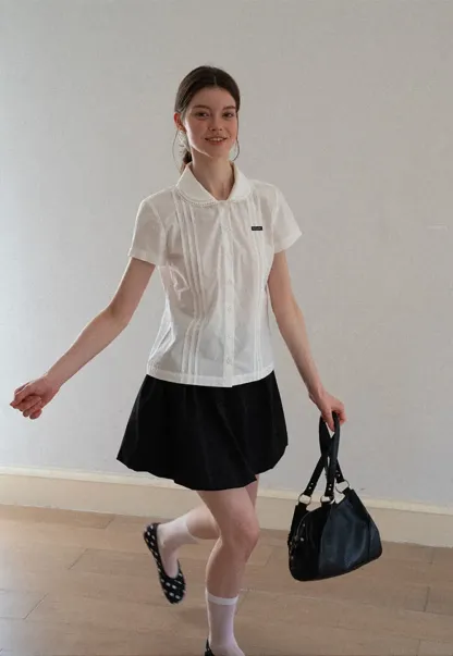 Pleated Collar Short Sleeve Shirt