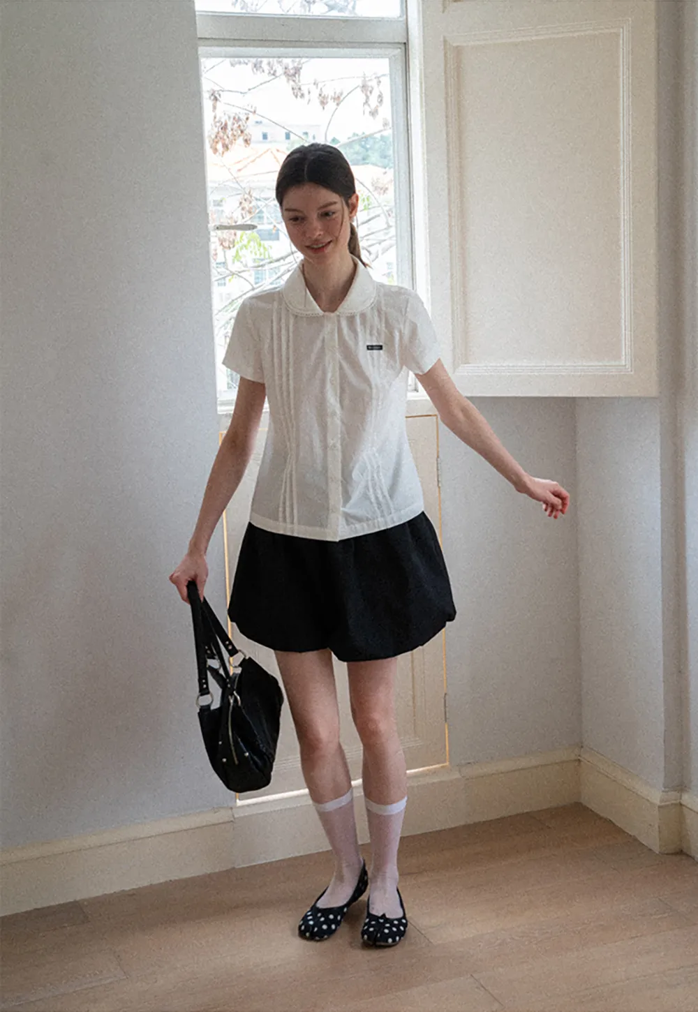 Pleated Collar Short Sleeve Shirt