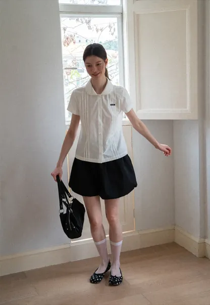 Pleated Collar Short Sleeve Shirt