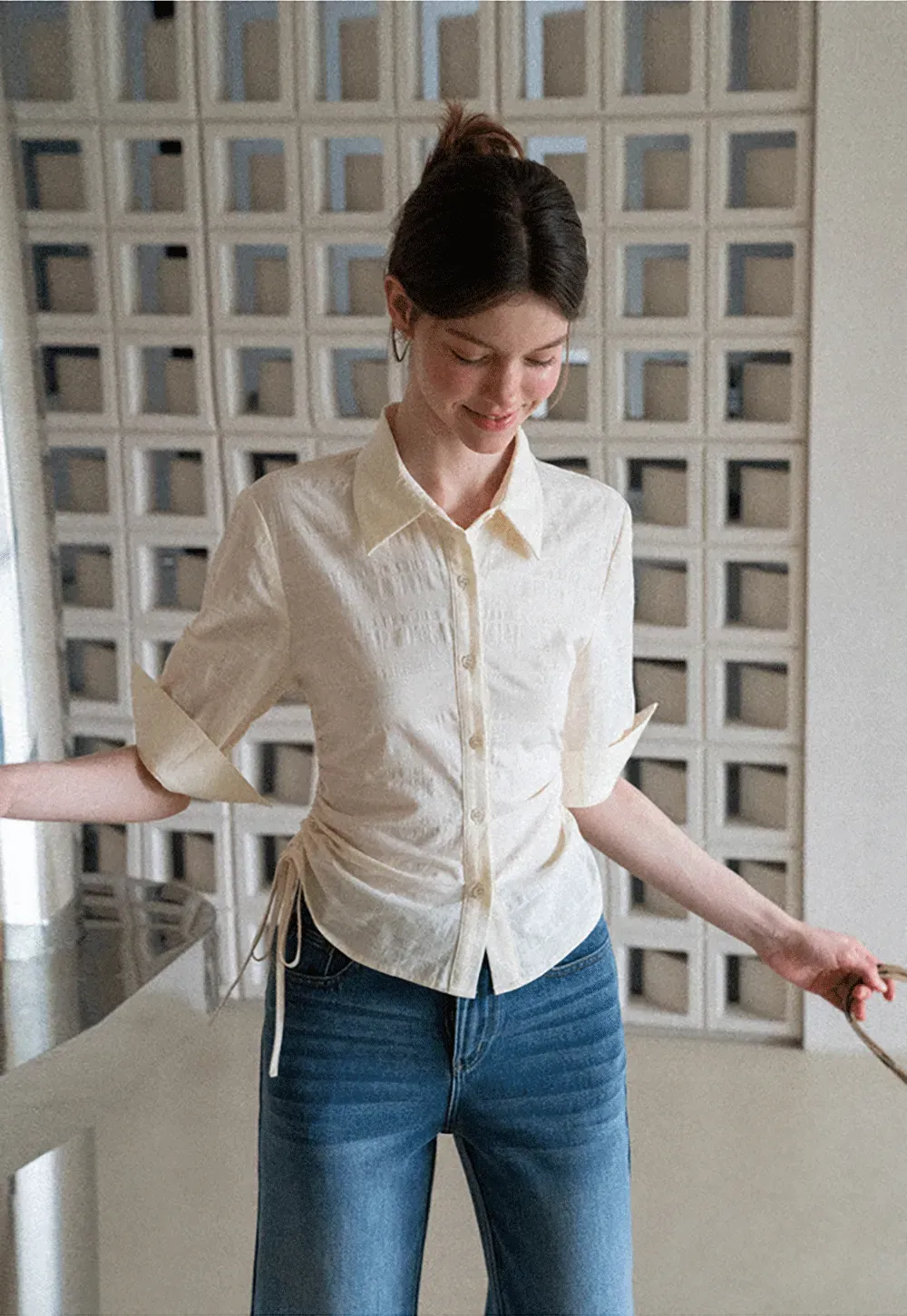 Drawstring Waist Button Down Shirt