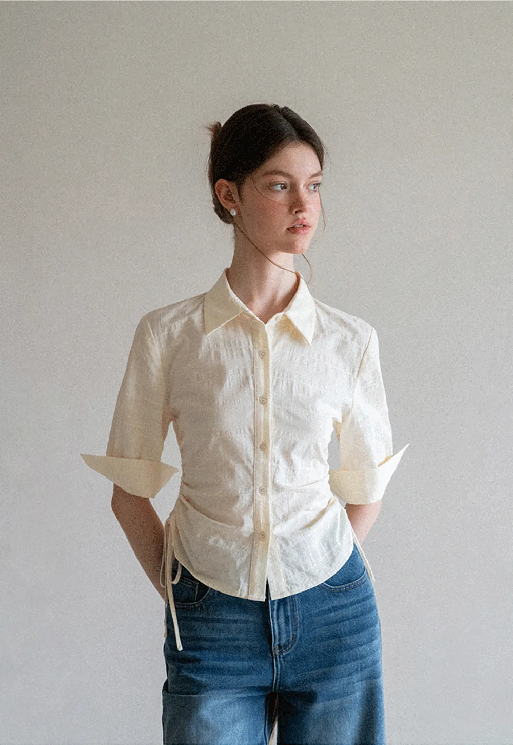 Drawstring Waist Button Down Shirt