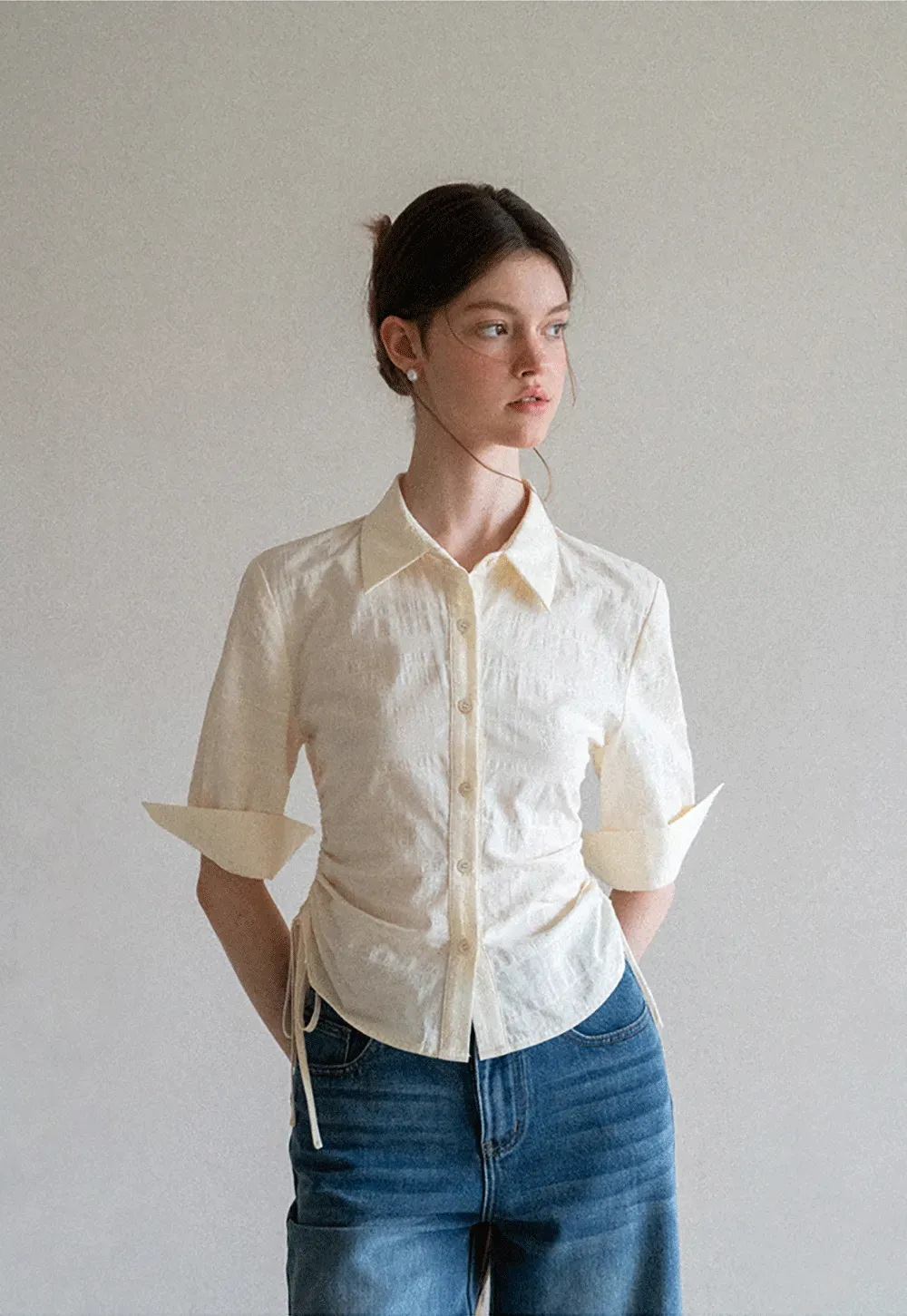 Drawstring Waist Button Down Shirt