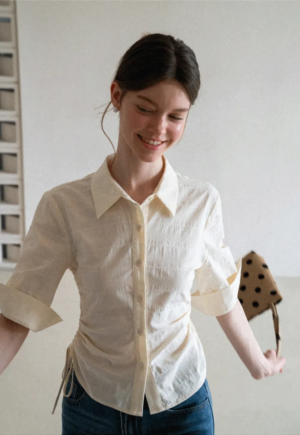 Drawstring Waist Button Down Shirt