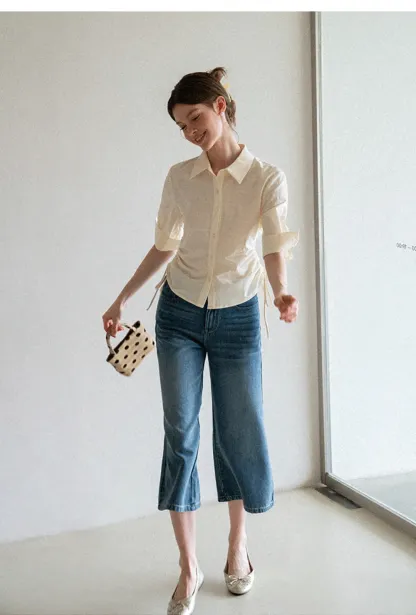 Drawstring Waist Button Down Shirt