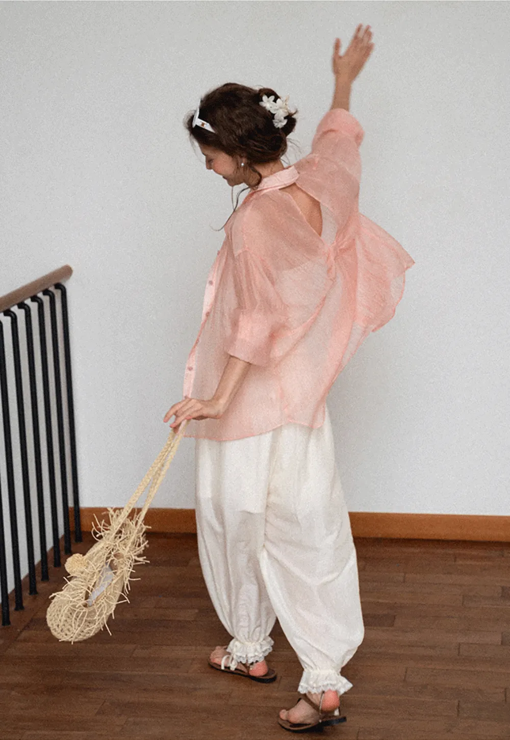 Sheer Back Tie Detail Shirt