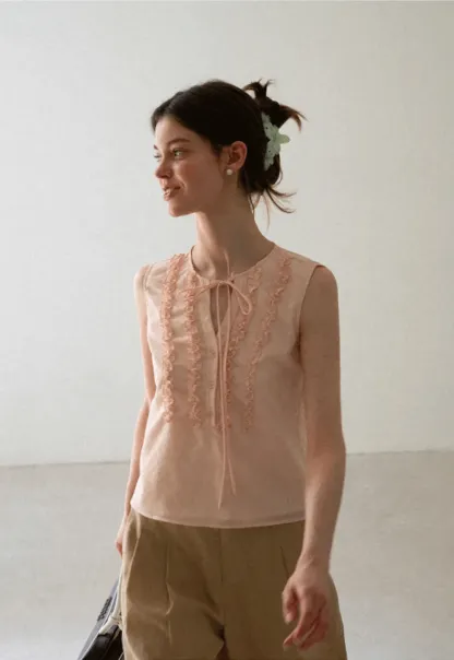 Ruffled Trim Sleeveless Shirt With Tie Neck Detail