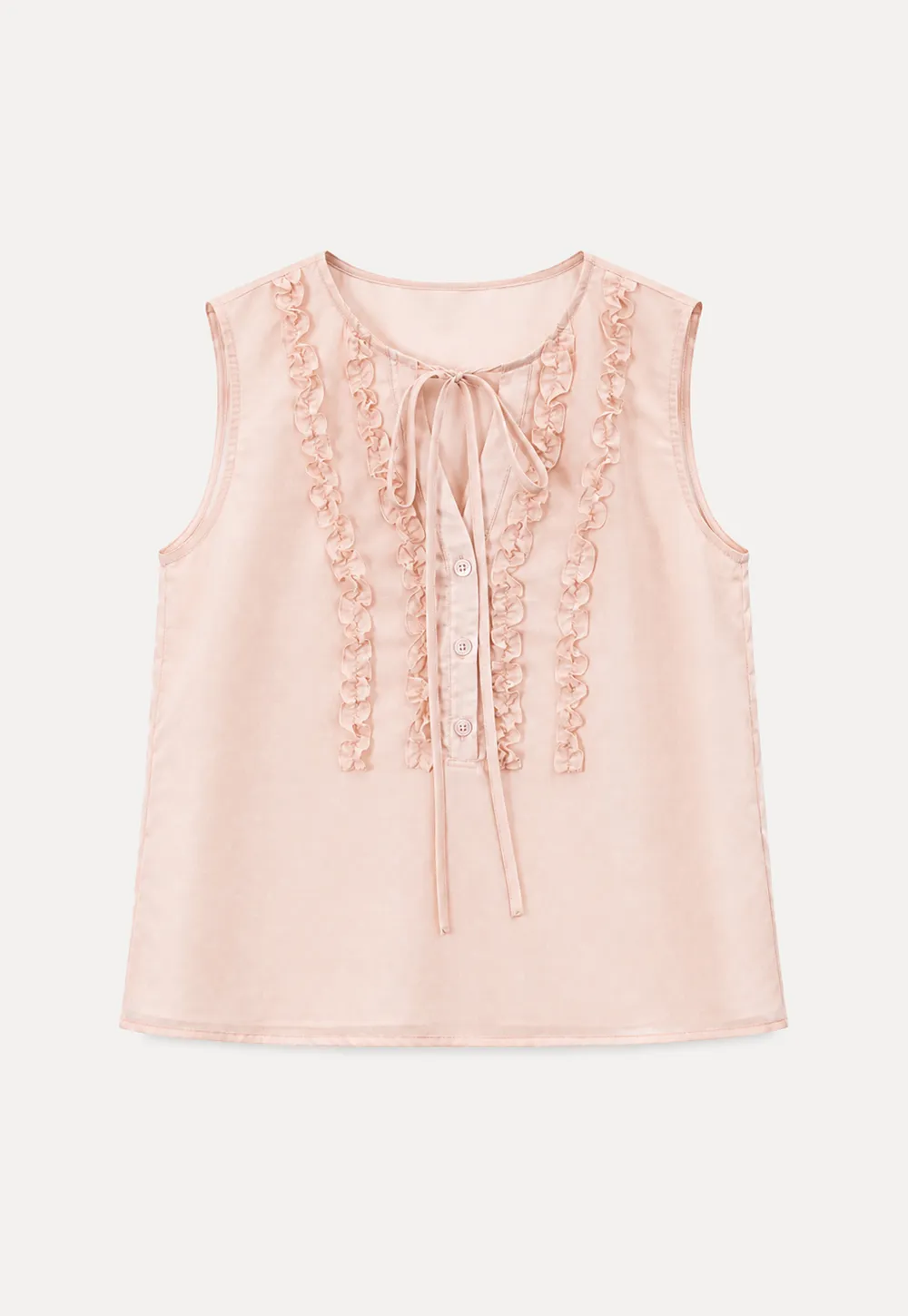 Ruffled Trim Sleeveless Shirt With Tie Neck Detail
