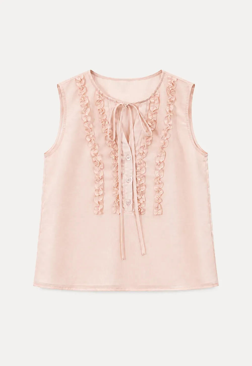Ruffled Trim Sleeveless Shirt With Tie Neck Detail