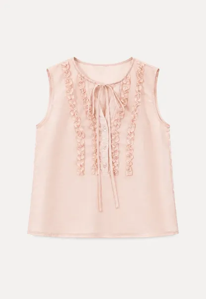 Ruffled Trim Sleeveless Shirt With Tie Neck Detail