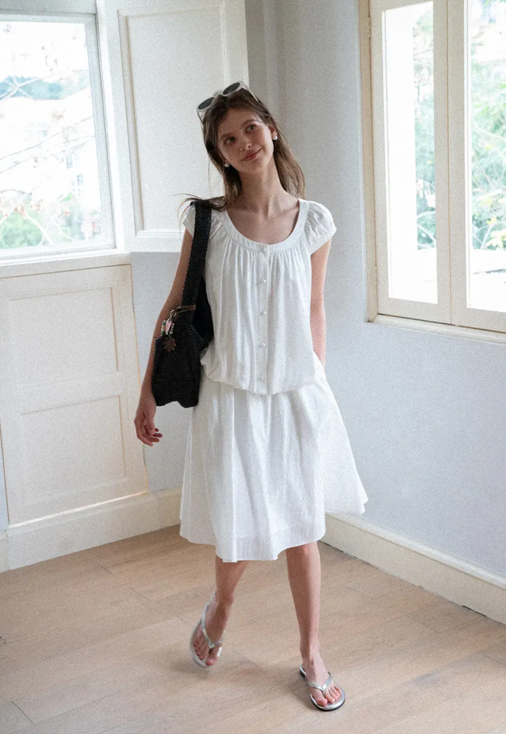 Puffed Sleeve Button Front Blouse