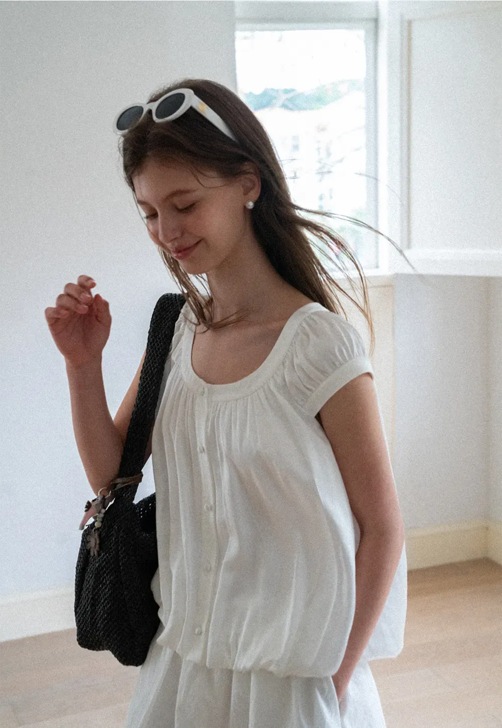 Puffed Sleeve Button Front Blouse