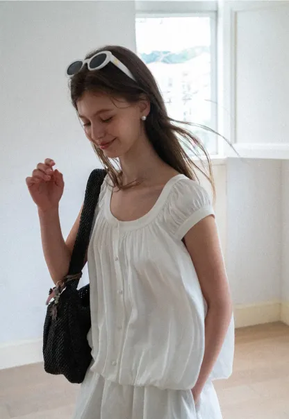 Puffed Sleeve Button Front Blouse