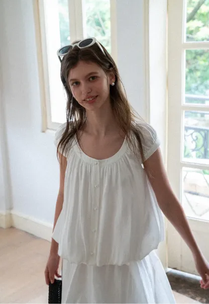 Puffed Sleeve Button Front Blouse