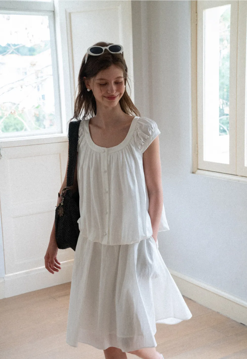 Puffed Sleeve Button Front Blouse