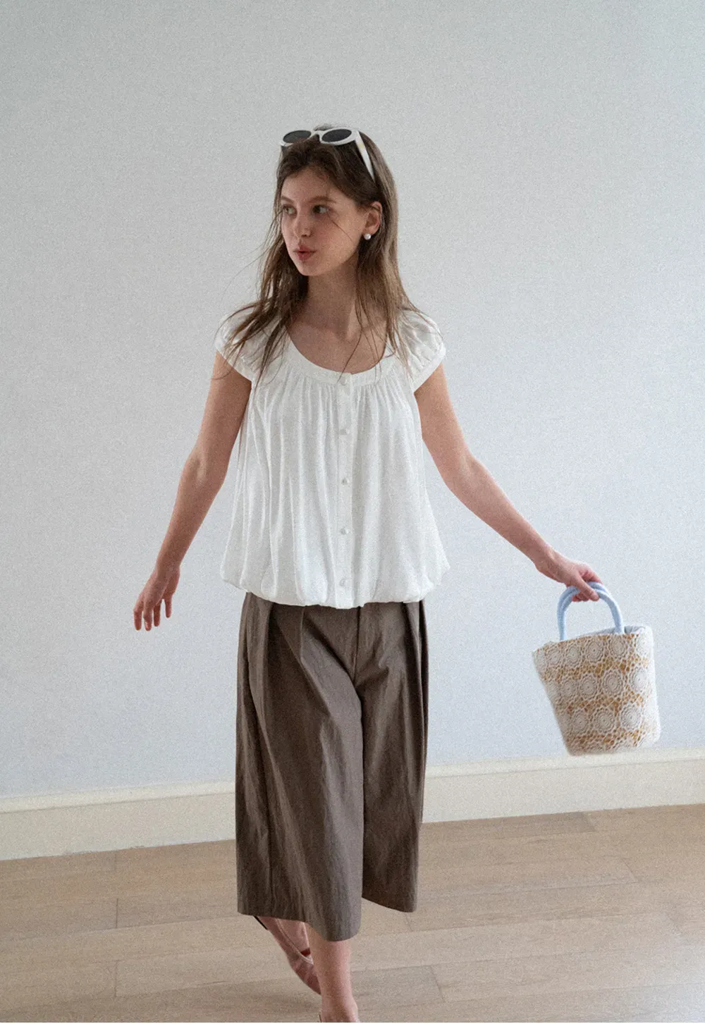 Puffed Sleeve Button Front Blouse
