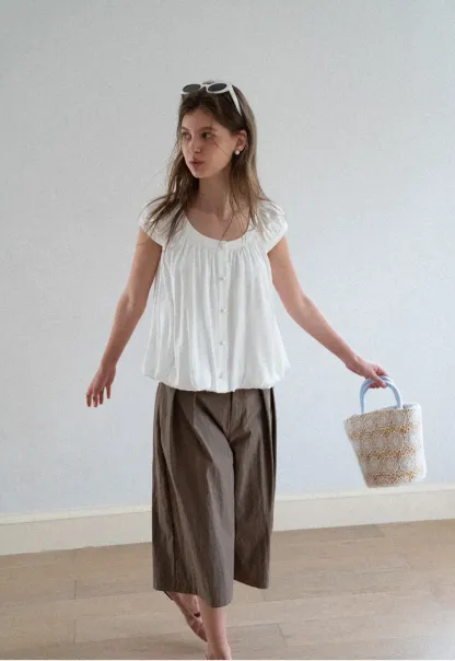 Puffed Sleeve Button Front Blouse