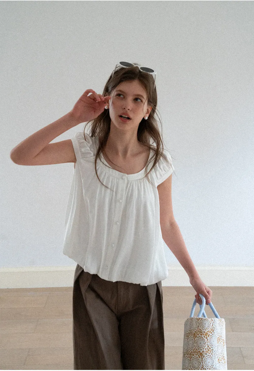 Puffed Sleeve Button Front Blouse