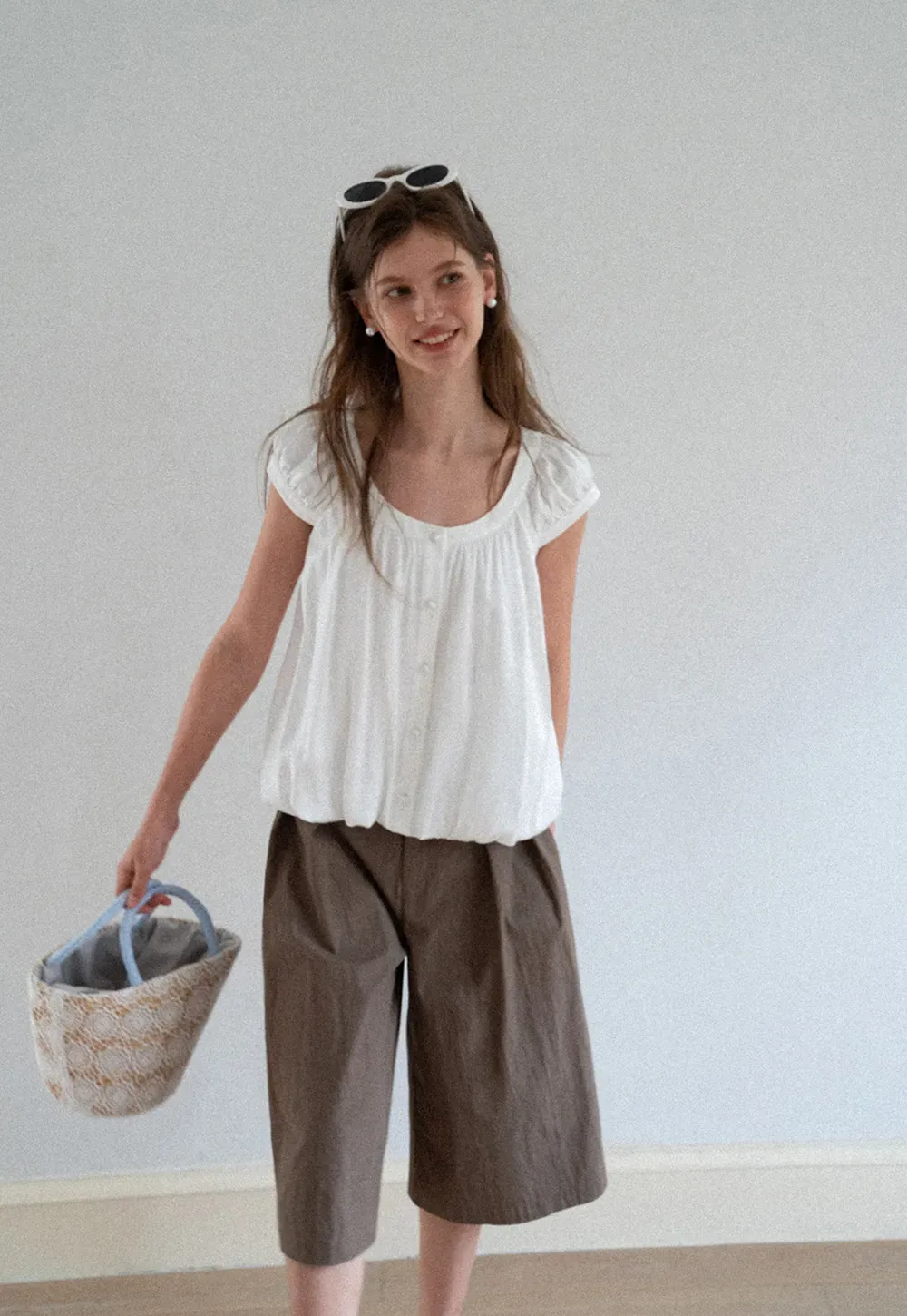 Puffed Sleeve Button Front Blouse