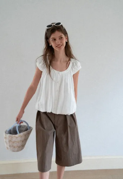 Puffed Sleeve Button Front Blouse