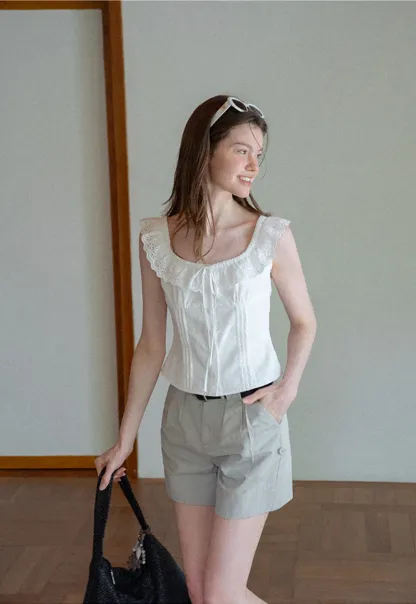 Lace Trim Ruffled Sleeve Corset Top Shirt