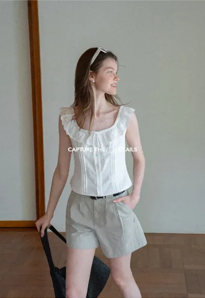 Lace Trim Ruffled Sleeve Corset Top Shirt