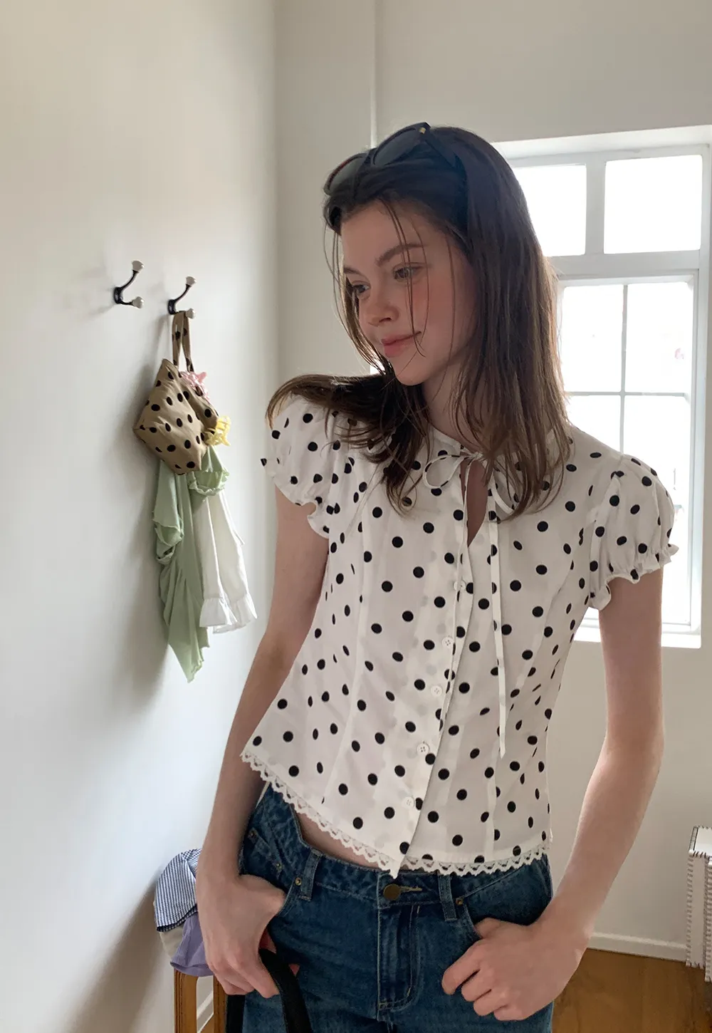 Polka Dot Print Lace Trim Short Sleeve Shirt