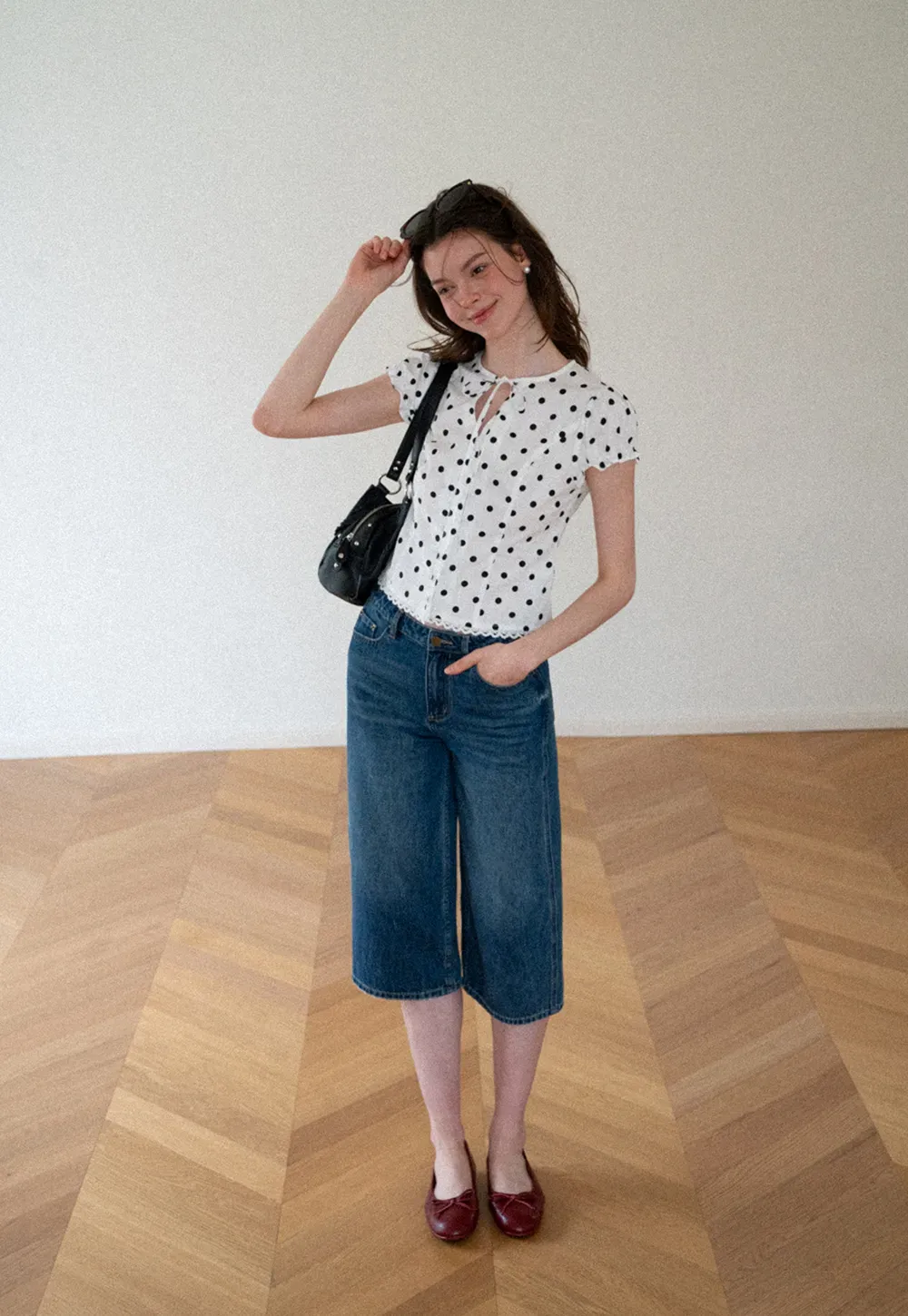 Polka Dot Print Lace Trim Short Sleeve Shirt
