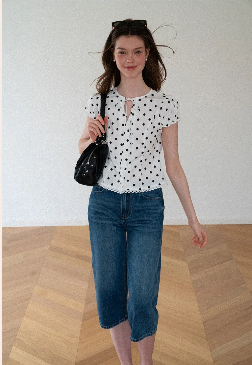 Polka Dot Print Lace Trim Short Sleeve Shirt