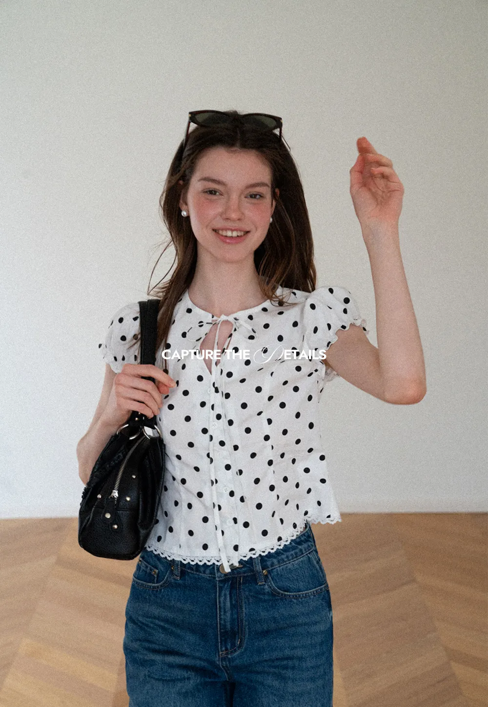 Polka Dot Print Lace Trim Short Sleeve Shirt