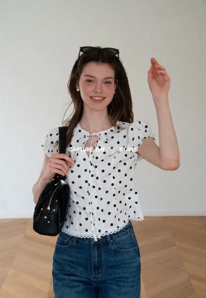 Polka Dot Print Lace Trim Short Sleeve Shirt