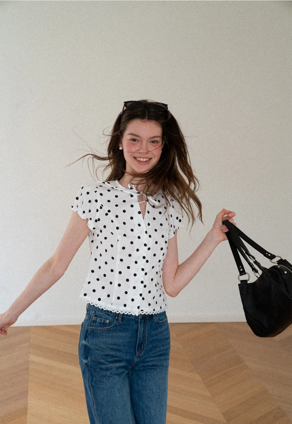 Polka Dot Print Lace Trim Short Sleeve Shirt