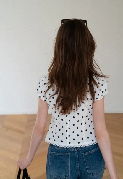 Polka Dot Print Lace Trim Short Sleeve Shirt