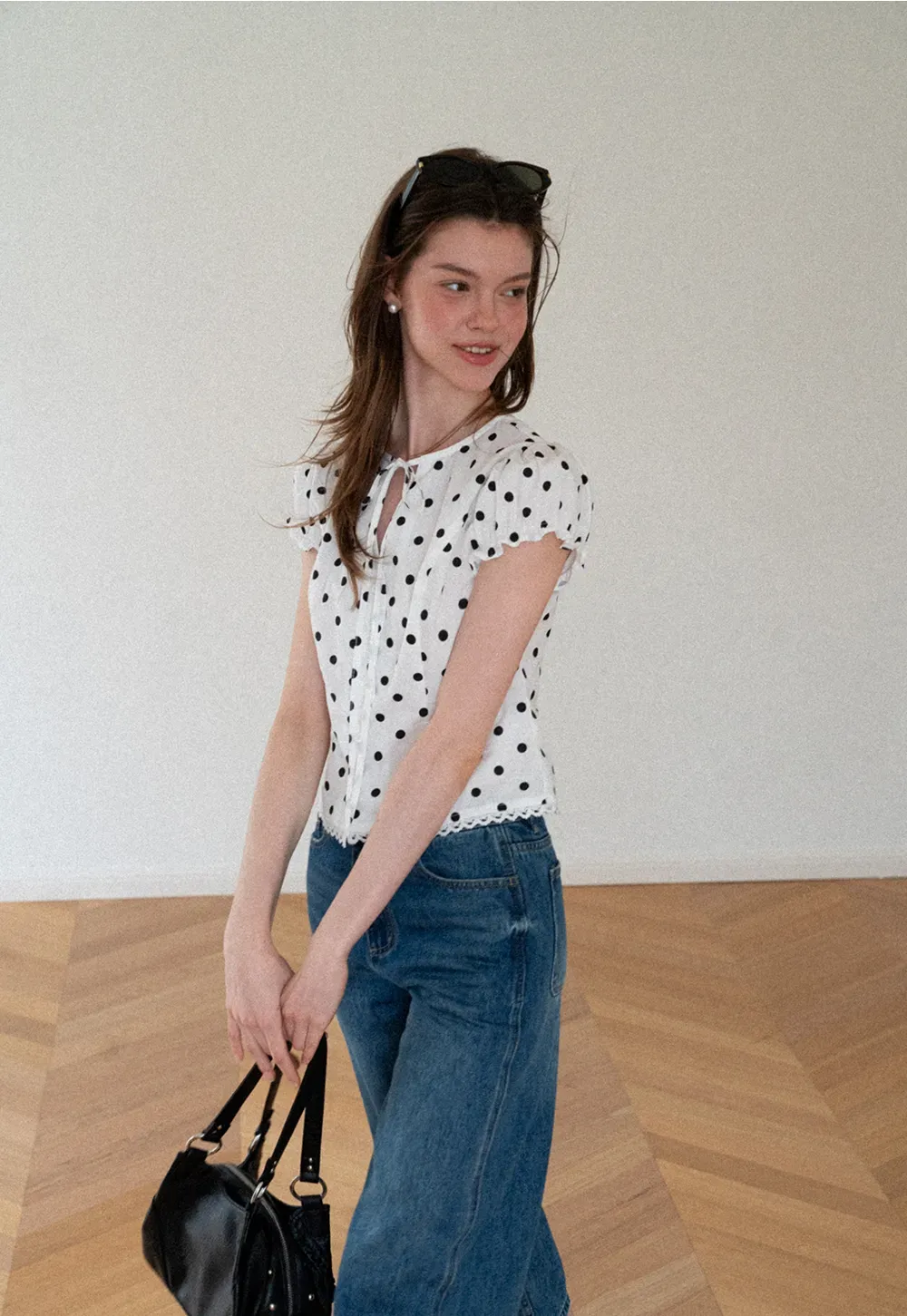 Polka Dot Print Lace Trim Short Sleeve Shirt