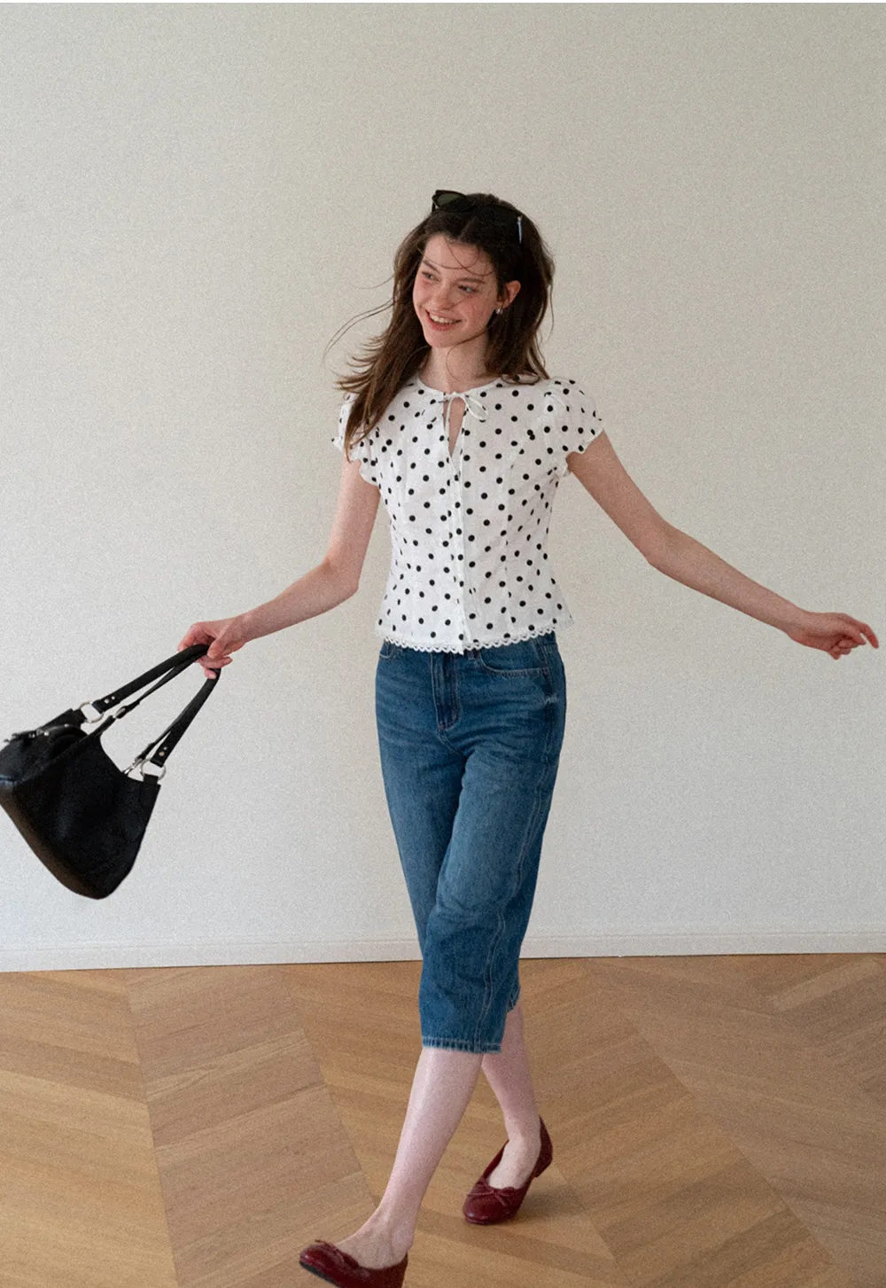 Polka Dot Print Lace Trim Short Sleeve Shirt