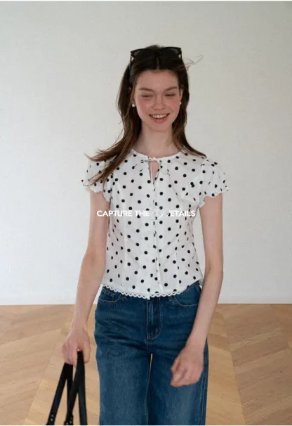 Polka Dot Print Lace Trim Short Sleeve Shirt