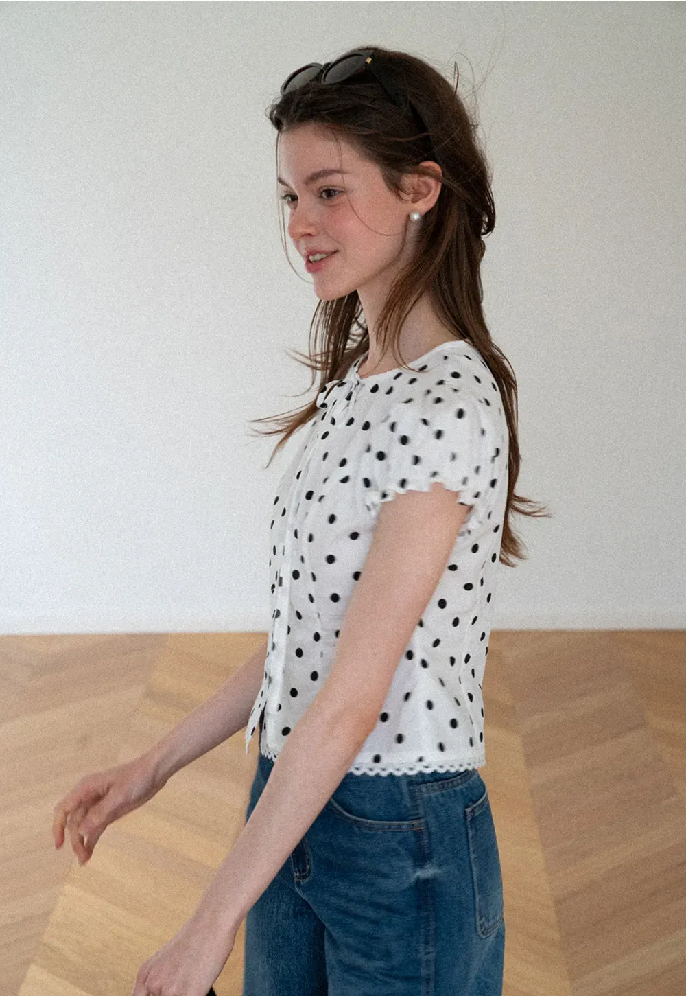 Polka Dot Print Lace Trim Short Sleeve Shirt