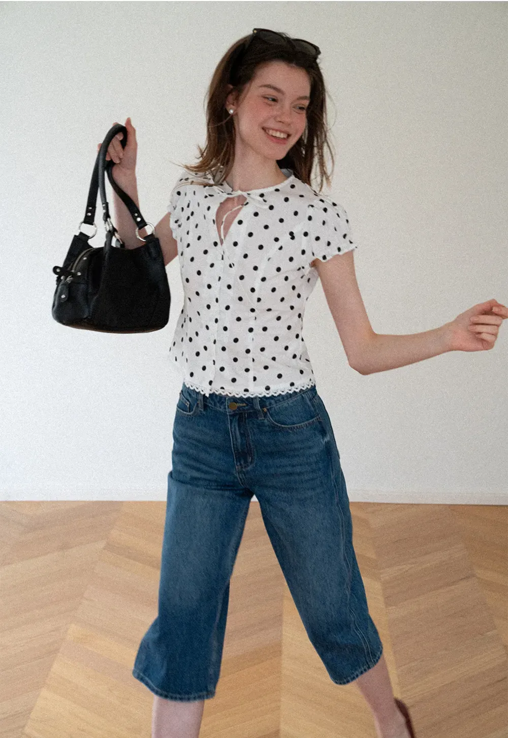 Polka Dot Print Lace Trim Short Sleeve Shirt
