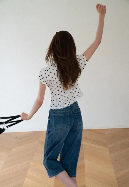 Polka Dot Print Lace Trim Short Sleeve Shirt