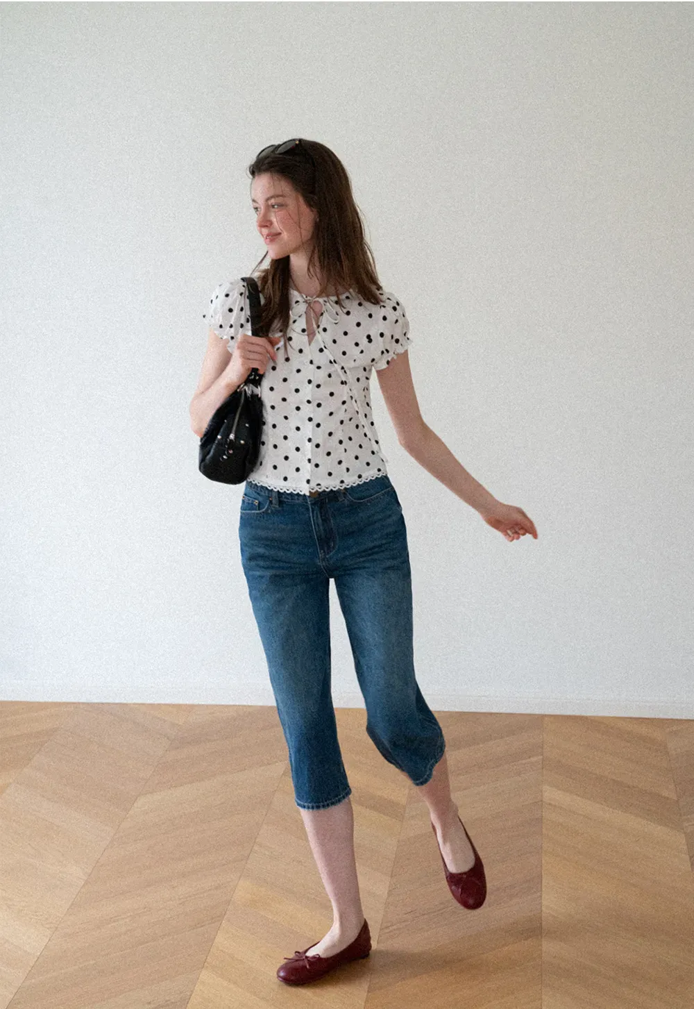 Polka Dot Print Lace Trim Short Sleeve Shirt
