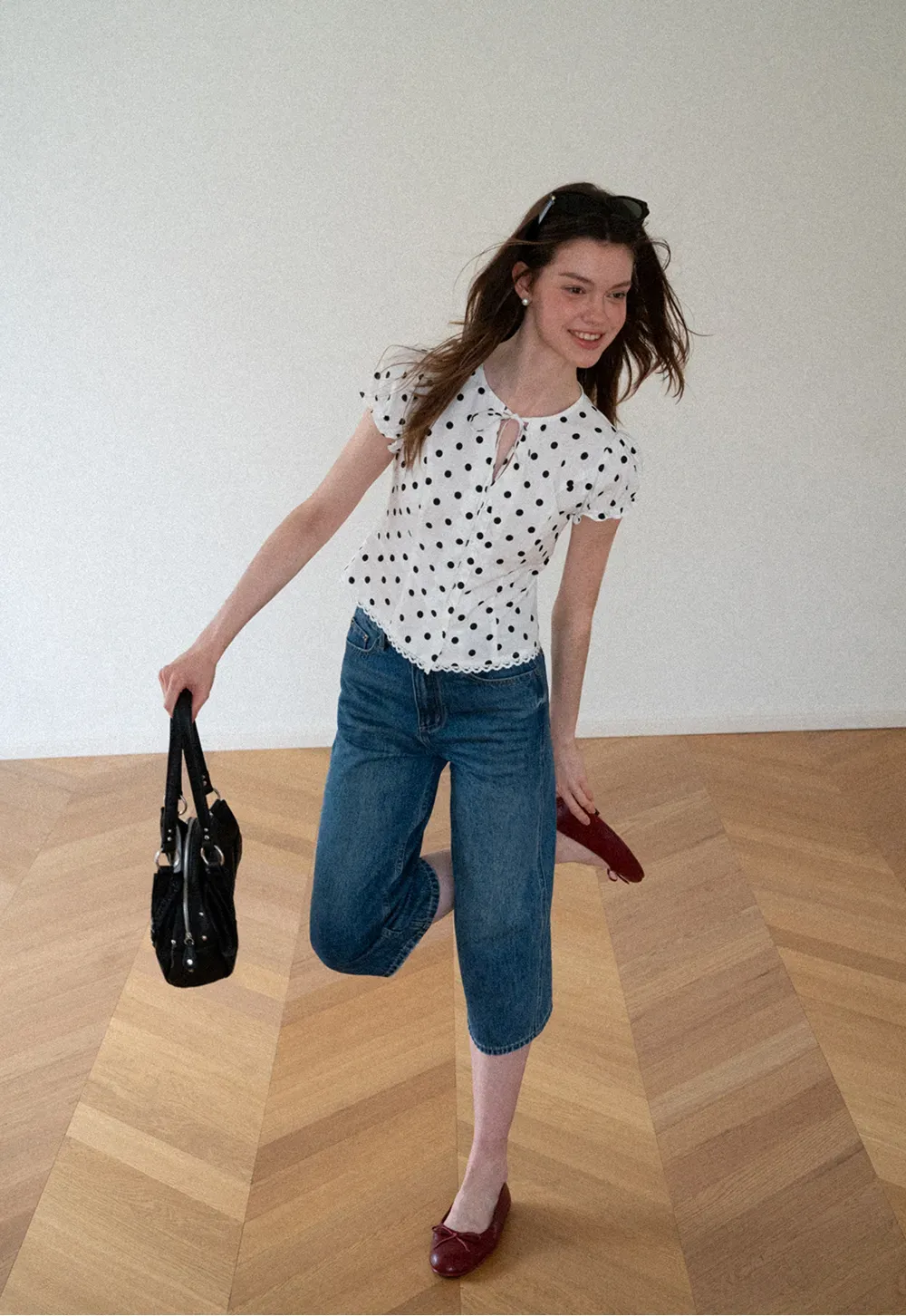 Polka Dot Print Lace Trim Short Sleeve Shirt