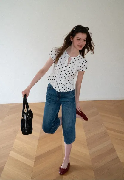 Polka Dot Print Lace Trim Short Sleeve Shirt