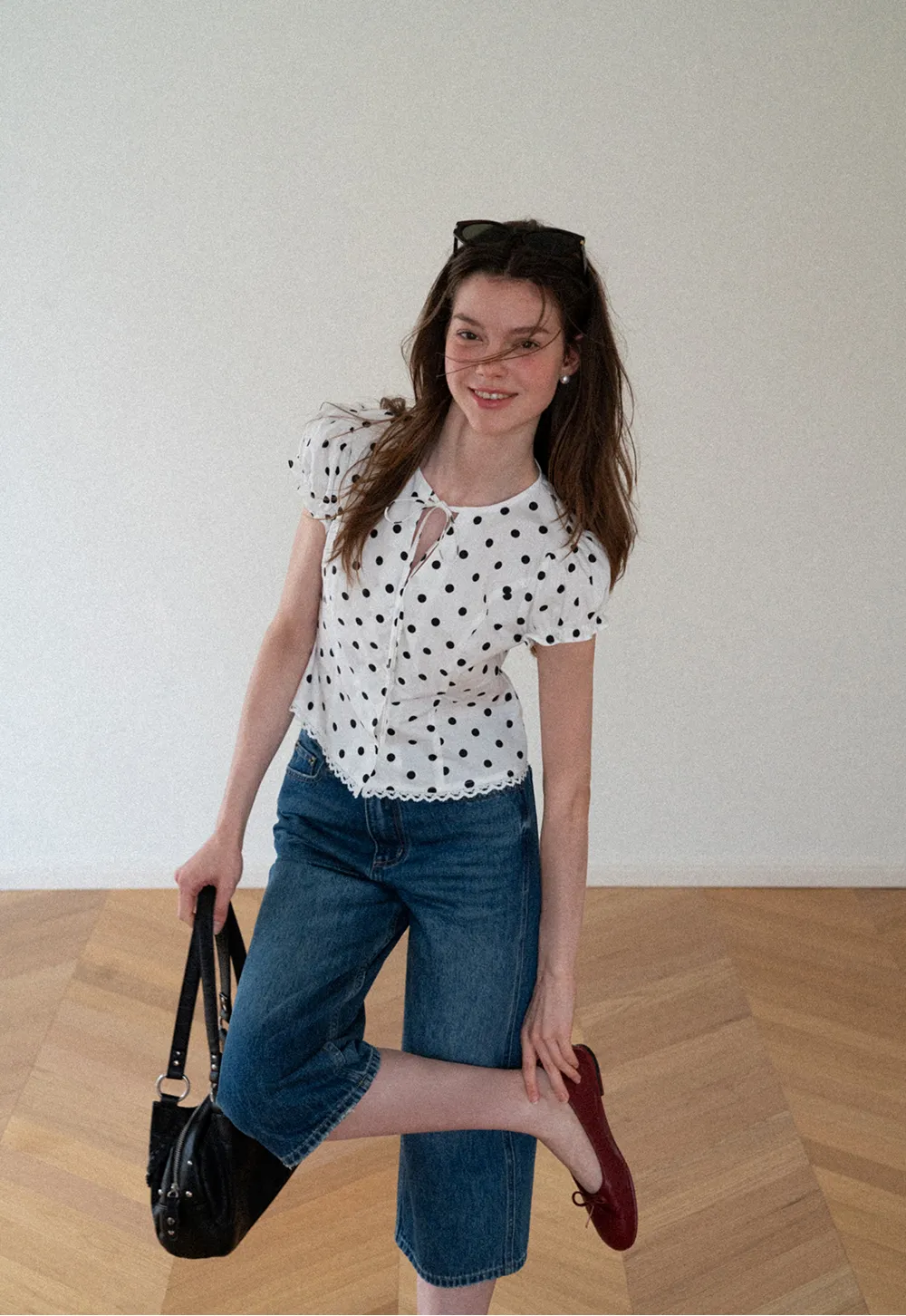 Polka Dot Print Lace Trim Short Sleeve Shirt