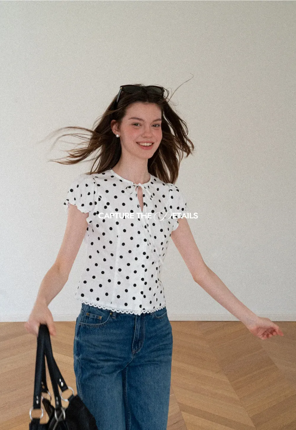 Polka Dot Print Lace Trim Short Sleeve Shirt